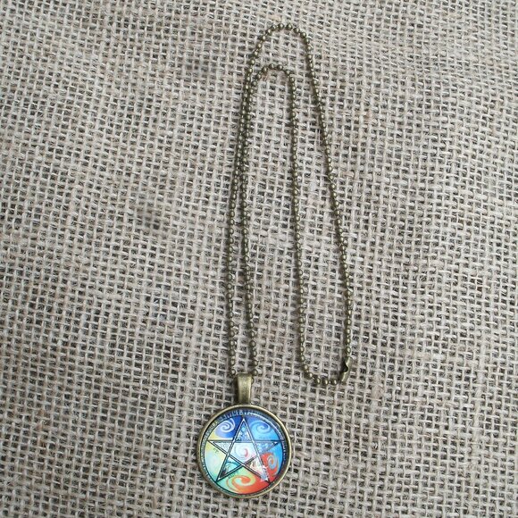 Pentacle Glass Cabochon Pendant Necklace - Picture 3 of 11